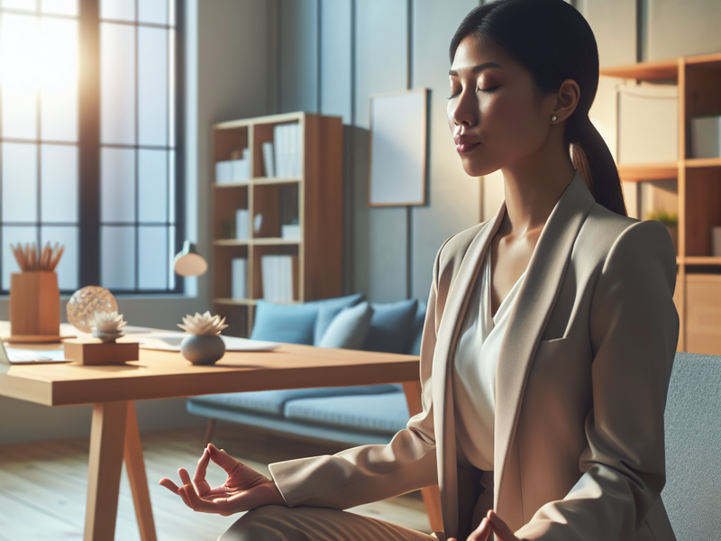 Mulher de negócios praticando mindfulness em um ambiente de escritório sereno