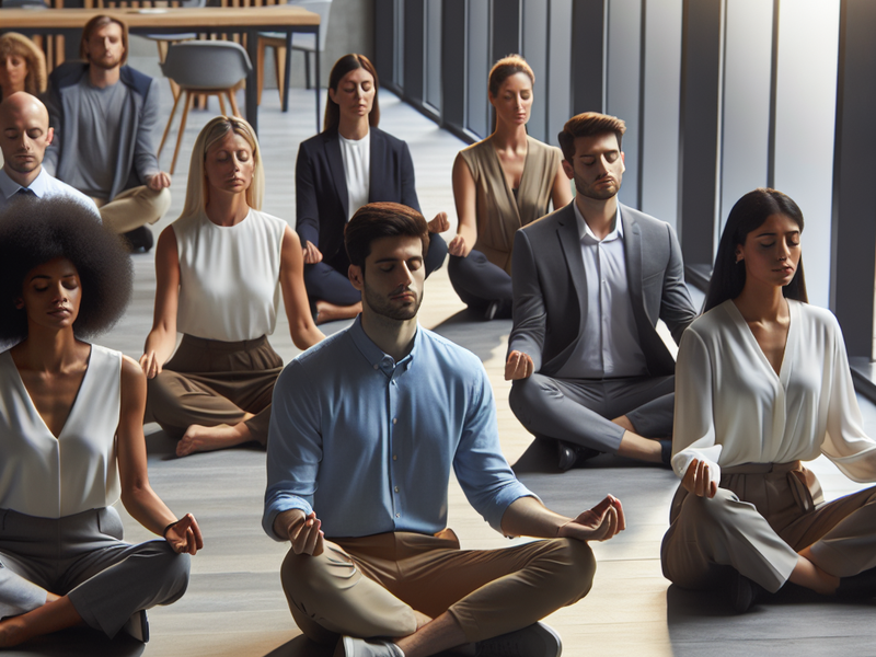 Professionals practicing mindfulness in an office