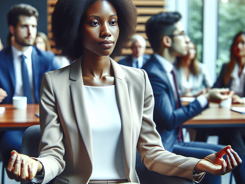 Person practicing mindfulness during a business meeting